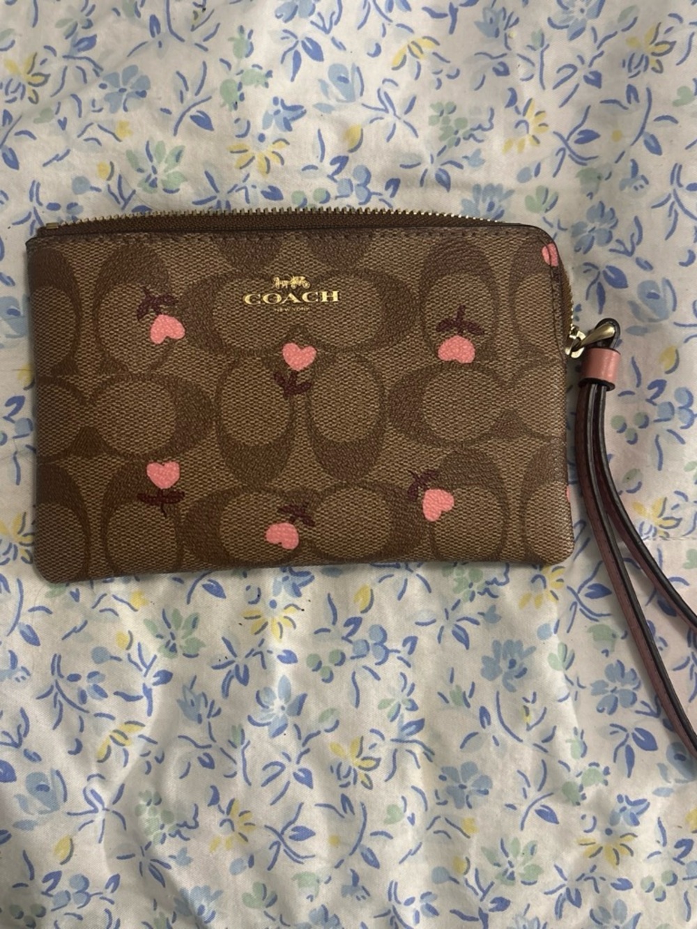 Coach Brown Signature Canvas Wristlet with Pink Heart Motif